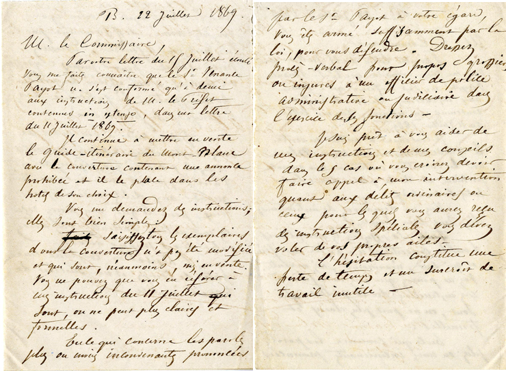 Lettre datée du 22 juillet 1869