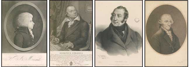 Wolfgang Amadeus Mozart (1756-1791), Domenico Cimarosa (1754-1801), Gioacchino Rossini (1792-1868) et Joseph Haydn (1732-1809). (Marj-P_9752, AmSt_408, Marj-P_11738 et AmSt_406)
