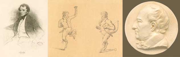 1) Prosper Mrime (1803-1870), 2) Stendhal reprsent en faune dansant, un chapeau de consul sous le bras. Dessin  l'encre de chine d'Etienne-Jean Delcluze, XIX<sup>e</sup> s. et 3) Franois-Pascal-Simon Grard (1770-1837)
