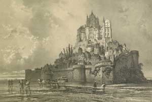 Mont St Michel. Ct oriental vers Avranches. Dessin de J. Gaildrau, lithographie de Charpentier et Jacottet, XIXe s.. (MarjG_3435)