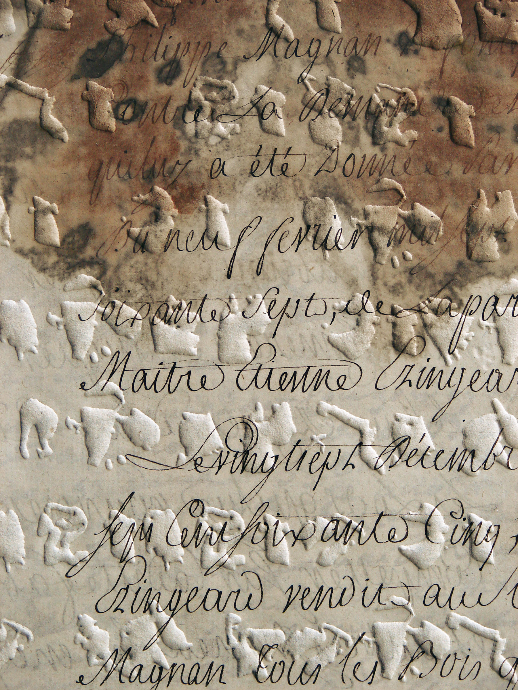Manuscrit du XVIIè  gravé du texte "Les pessinois sont parmi nous"