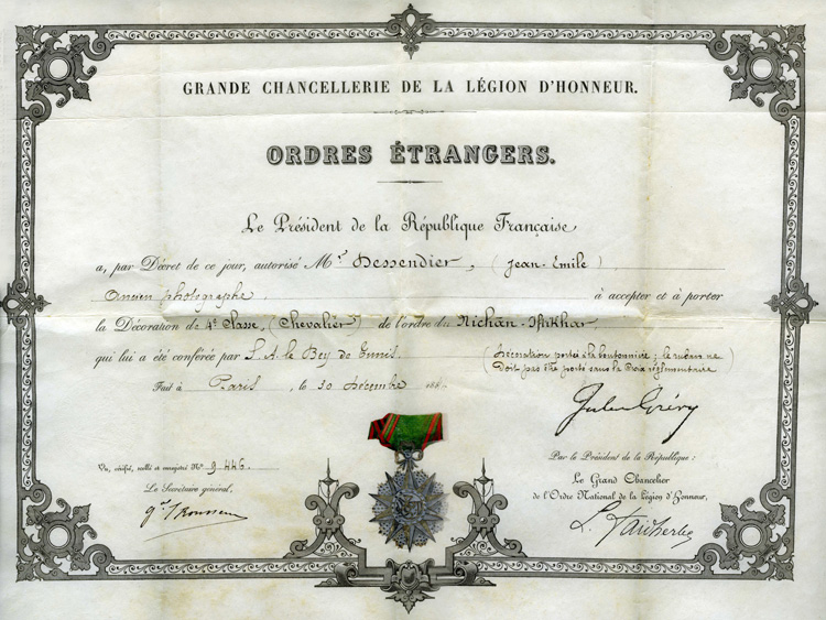 Nomination de Chevalier du Nicham-Iftikar, Tunis 1884