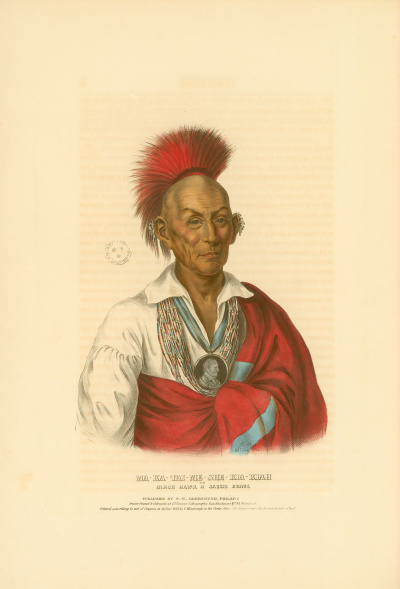 Gravure :&nbsp; Buse Noir, valeureux Sauks.<br><i>Histoire des tribus indiennes d'Amérique du nord.<br></i>© Bibliothèque municipale de Grenoble.