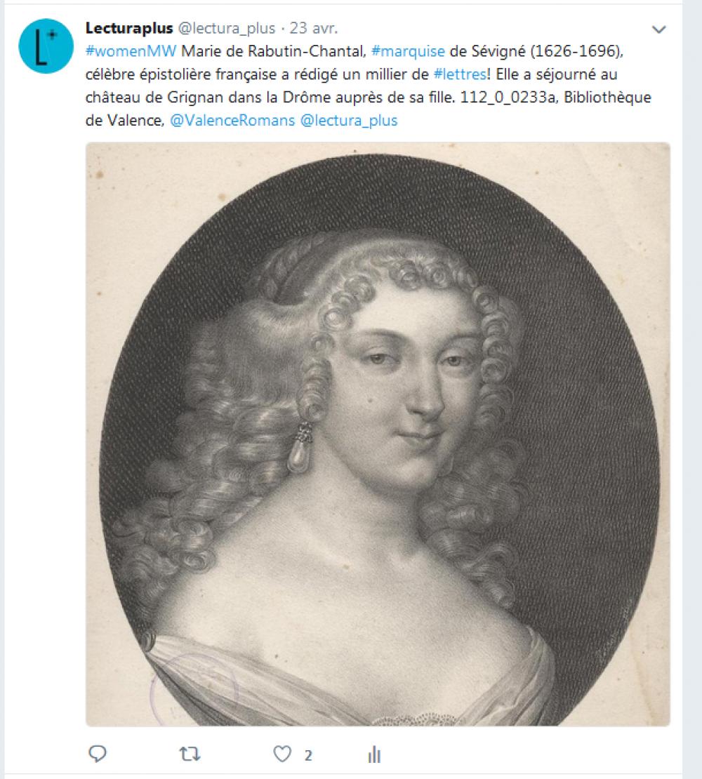 Capture d'écran, tweet de Lectura Plus, lundi 23 avril 2018, #MuseumWeek #WomenMW.<br>