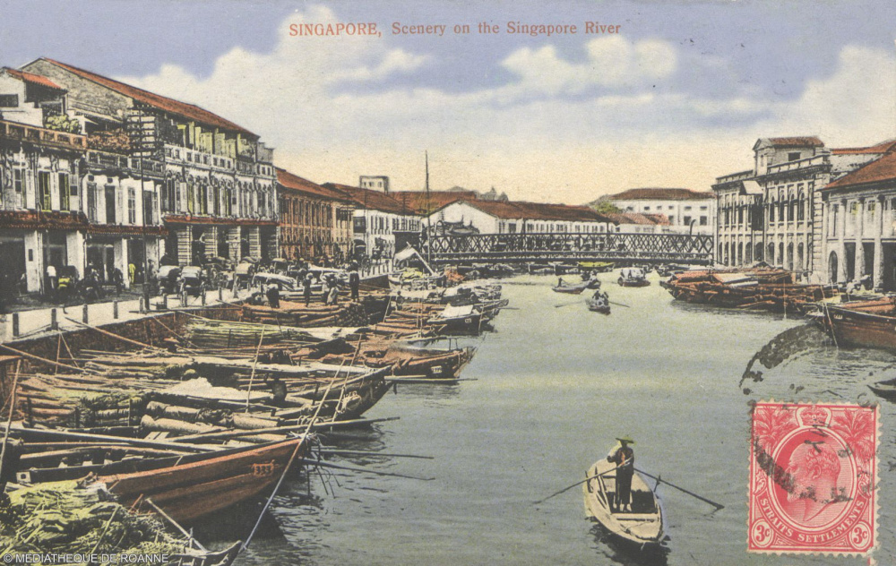 Singapour, scenery on the Singapore River. Fonds Claude Dethève. Médiathèque de Roanne.<br>