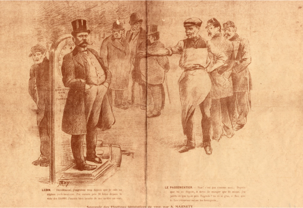 Gravure satirique représentant Jules Ledin lors des élections législatives, 1910 - 11 K ICONO 6 (6). Archives municipales de Saint-Étienne.<br>