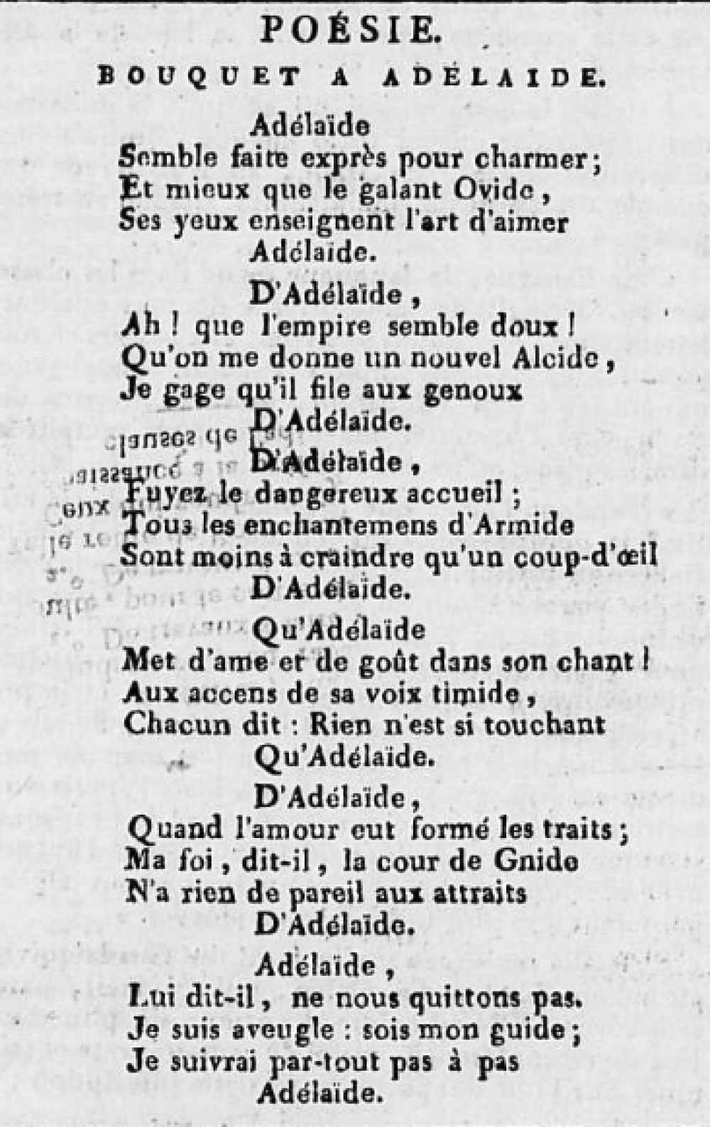 &nbsp;"Bouquet à Adélaïde" in Journal administratif, judiciaire, littéraire du Département de la Drôme, Poésie, mercredi 11 octobre 1809, Valence : Marc Aurel imprimeur, p.4<br>