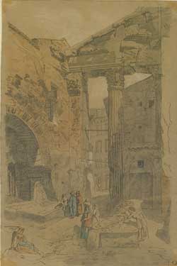 Ruines romaines. Dessin en couleurs sur calque de Diodore Rahoult, XIXe s. (pD49_12)