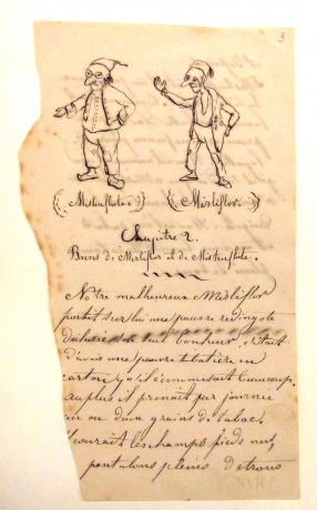 Les Aventures de Mistenflûte et de Mirliflor.	Album comportant quinze pages de texte dont  treize illustrées de dessins dans le texte, 1842, plume et encre noire sur papier, 11 x 9 cm.  • dessin • Musée du monastère royal de Brou, Ville de Bourg-en-Bresse

