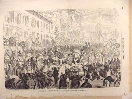 La foire à Bourg-en-Bresse intitulée Une fête de village • Le Journal pour rire n°74, 30 juin 1849. Journal d'images comiques critiques, satiriques, dirigé par Charles Philippon. Ce journal parut de 1848 à 1872. In folio.  • Imprimé • Musée du monastère royal de Brou, Ville de Bourg-en-Bresse