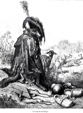 La fable du Loup devenu berger • Les fables de La Fontaine/Jean de la Fontaine, avec les dessins de Gustave Doré. - Paris : Librairie L. Hachette et Cie, 1868. • gravure • Musée du monastère royal de Brou, Ville de Bourg-en-Bresse

