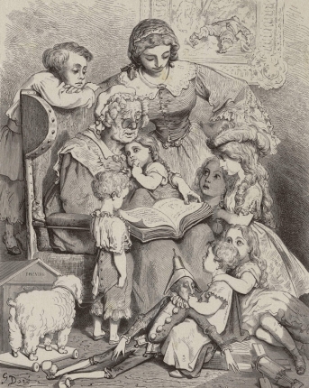 Les contes de Perrault illustrés par Gustave Doré •Frontispice de la page de titre de l'édition originale des Contes de Perrault/ Charles Perrault ; dessins par Gustave Doré ; préface de P.-J. Stahl. - Paris : Hetzel, 1862.  • gravure • Bibliothèque de Bourg-en-Bresse

