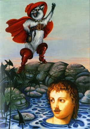 Le Chat Botté appelant à l'aide pour son maître, illustré par Kelek • Conte du Chat Botté, extrait des Contes de Perrault illustrés par Kelek/ Charles Perrault ; Kelek. - Paris : Hatier, 1986. • Imprimé • Bibliothèque de Bourg-en-Bresse

