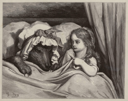 Le petit Chaperon rouge dans le lit de sa grand-mère avec le loup • Extrait des Contes de Perrault/ Charles Perrault ; dessins par Gustave Doré ; préface de P.-J. Stahl. - Paris : Hetzel, 1862. • gravure • Bibliothèque de Bourg-en-Bresse

