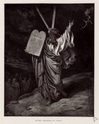 La Sainte Bible, Moïse et les tables de la Loi • La Sainte Bible, traduction nouvelle selon la Vulgate / MM. J.-J. Bourassé et P. Janvier chanoines de l'Eglise métropolitaine de Tours, approuvée par Monseigneur l'Archevèque de Tours ; dessins de Gustave Doré ; ornementation du texte par H. Giacomelli. Tome premier. - Tours : Alfred Name et fils éditeurs, 1866. • gravure • Musée du monastère royal de Brou, Ville de Bourg-en-Bresse

