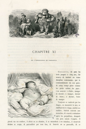 Gargantua • Oeuvres de Rabelais collationné sur les oeuvres originales avec une vie de l'auteur, des notes et un glossaire/Rabelais ;  Illustrations de Gustave Doré. Tome premier. - Paris : Garnier Frères, Libraires éditeurs, 1873.  • gravuresur bois • Musée de Brou, Ville de Bourg-en-Bresse

