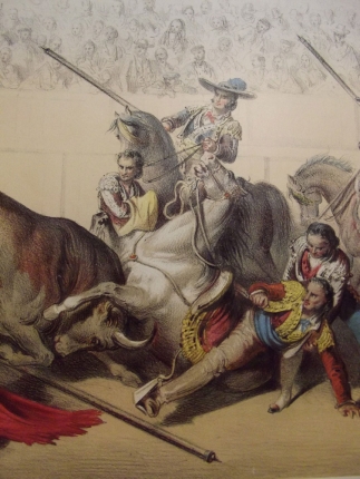 Corrida de Torros, Caida del picador, Chute d'un picador/Gustave Doré.- Paris : L.Turgis Jne Impr-Editeur, rue des Ecoles, 8 et à New York, Duane, St, 78, s.d. • L'un des rares albums de lithographies en couleur de Gustave Doré • lithographie • Musée du monastère royal de Brou, Ville de Bourg-en-Bresse

