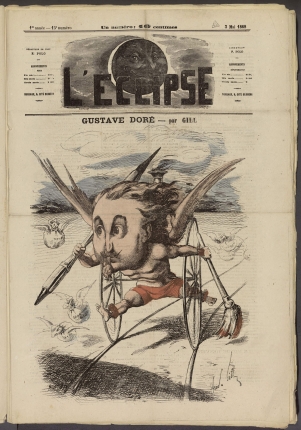 Caricature de Gustave Doré par le dessinateur Gill • Caricature de Gustave Doré en créateur survolté par Gill dans le journal satirique L'Eclipse, datant du 3 mai 1868.  • caricature de presse • Bibliothèque de Bourg-en-Bresse

