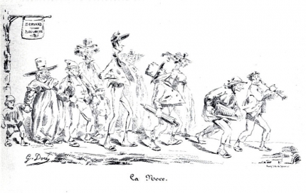 La noce • 	Caricature de personnages bressans, 1845. • lithographie • Musée de Brou, Ville de Bourg-en-Bresse

