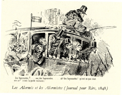 Les alarmés et les alarmistes • Caricature de Gustave Doré parue dans l'un des journaux satiriques de Charles Philippon, Le Journal pour rire, en 1848. • lithographie • Musée du monastère royal de Brou, Ville de Bourg-en-Bresse

