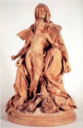 La Parque et l'Amour, 1877 • Ensemble en plâtre envoyé au Salon de la peinture et de la sculpture en 1877. • terre cuite • Musée du monastère royal de Brou, Ville de Bourg-en-Bresse