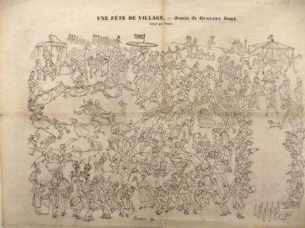 Une fête de village, dessin de Gustave Doré • Une fête de village, dessin de Gustave Doré, 1849  •  lithographie  •  Musée du monastère royal de Brou, Ville de Bourg-en-Bresse

