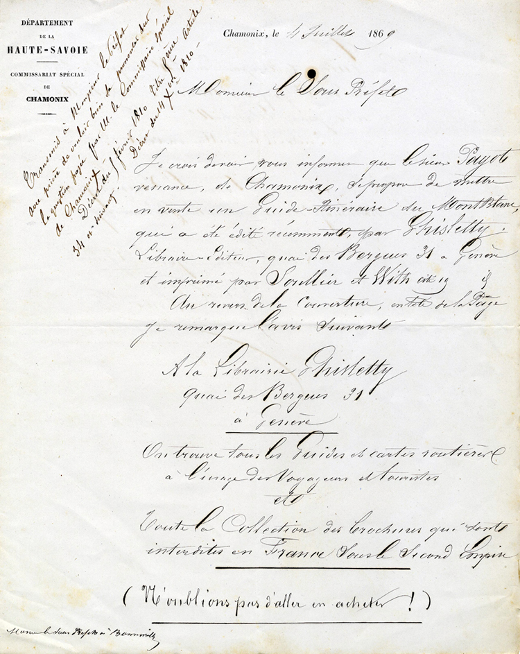 Lettre du commissaire de Chamonix au sous-préfet de Bonneville concernant la vente du guide de Venance Payot