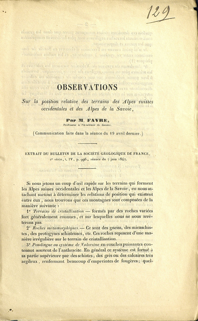 Observations sur la position relative des terrains des Alpes suisses occidentales et des Alpes de la Savoie