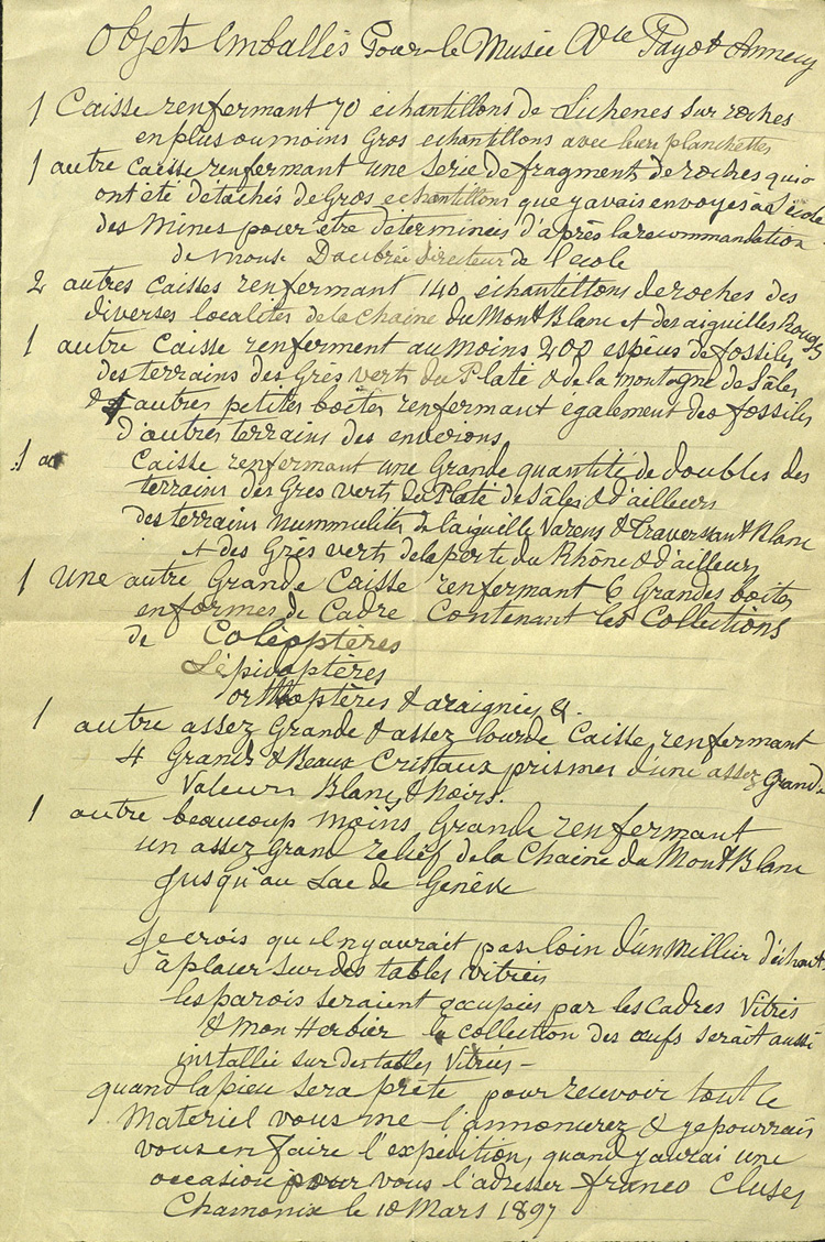 Liste manuscrite d'objets destinés au Musée d'Annecy
