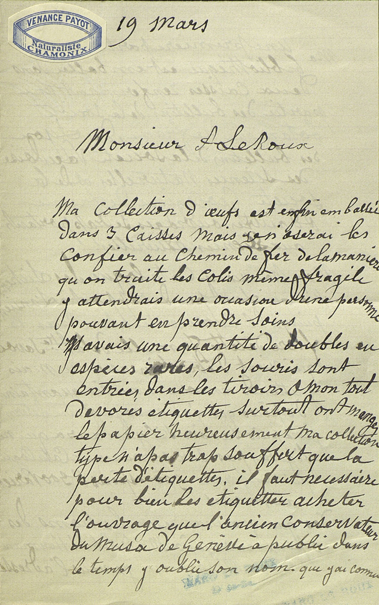 Courrier de Venance Payot à M. Le Roux