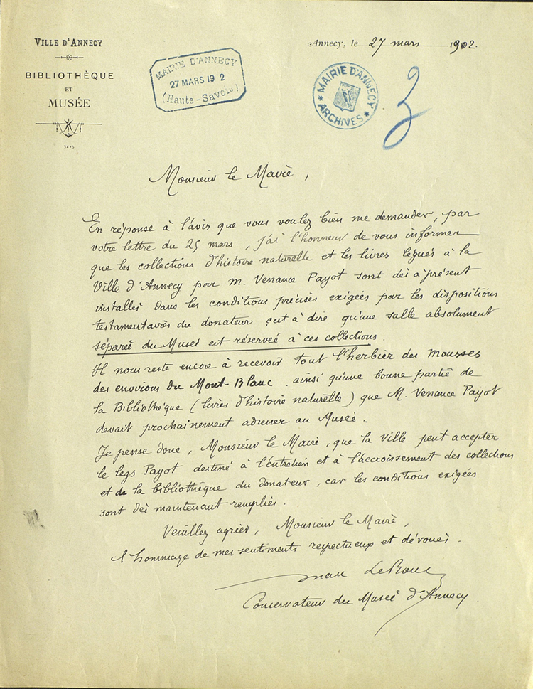 Lettre de M. Le Roux au Maire d'Annecy