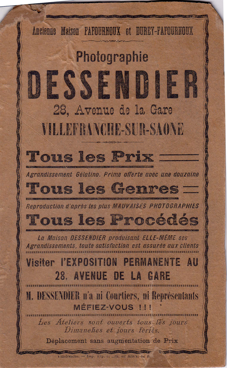 Publicité de l'atelier de Louis Desendier à Villefranche-sur-Saône