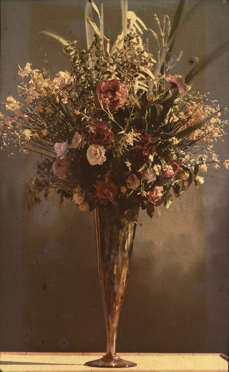 Autochrome. Bouquet dans un vase en verre