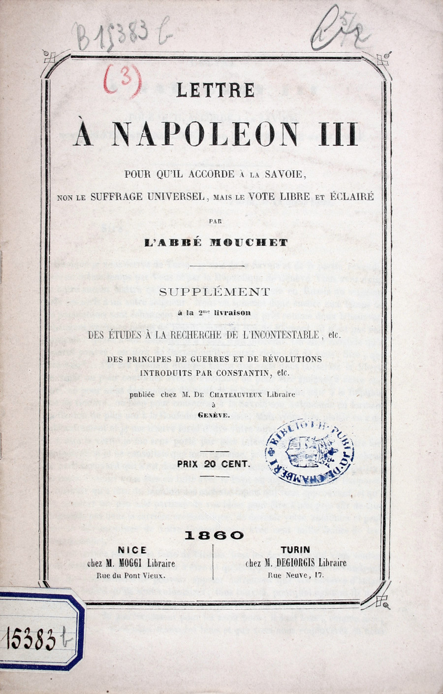 Lettre à Napoléon III par l'abbé Mouchet, 1860