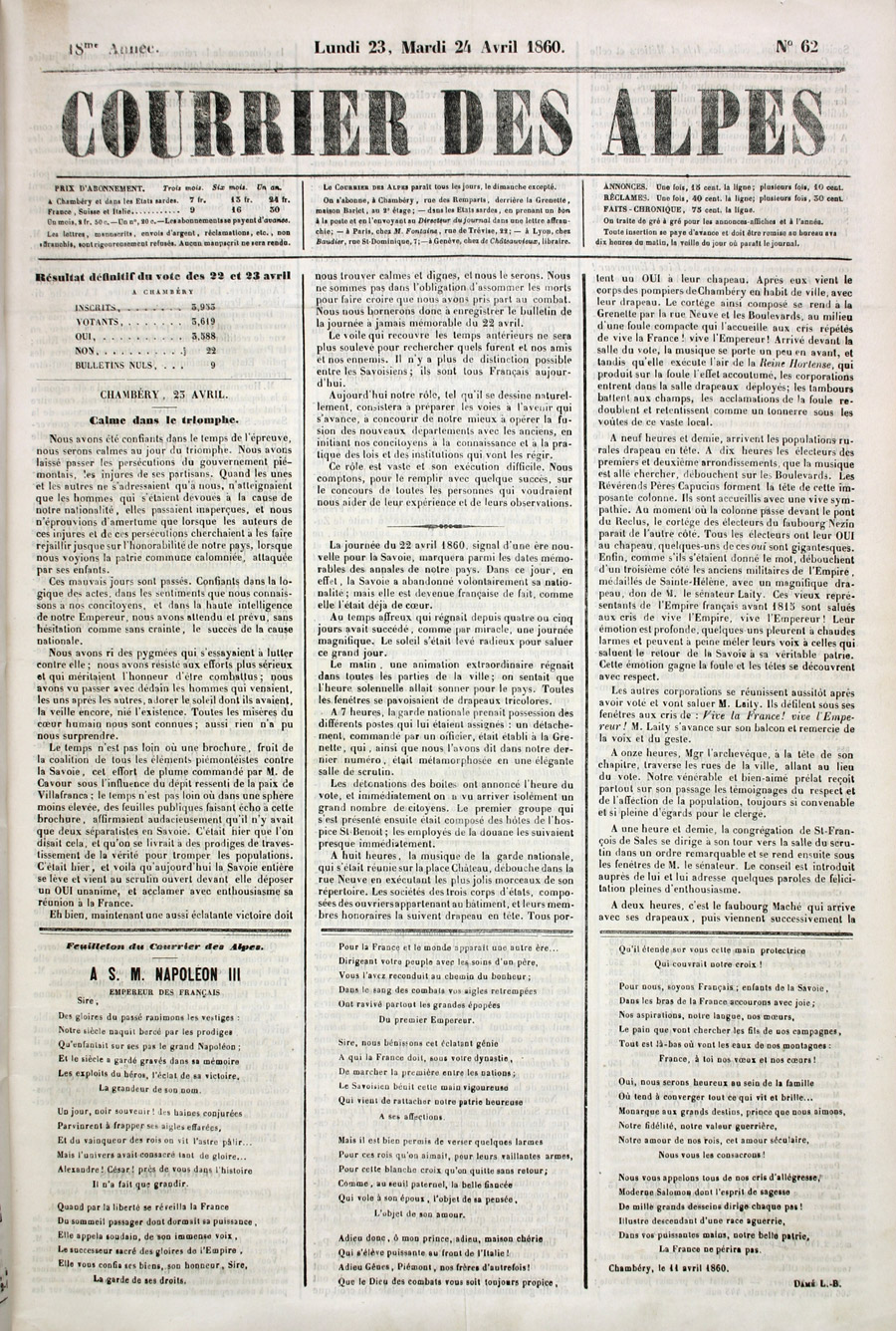 Le Courrier des Alpes, 23-24 avril 1860