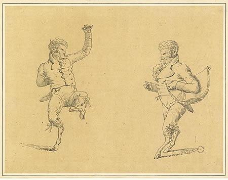 Delécluze, dessins représentant Stendhal en faune dansant, un chapeau de consul sous le bras