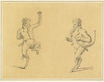 Delcluze, dessins reprsentant Stendhal en faune dansant, un chapeau de consul sous le bras