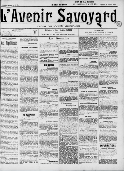 Une de l'Avenir Savoyard du 9 janvier 1904<br>