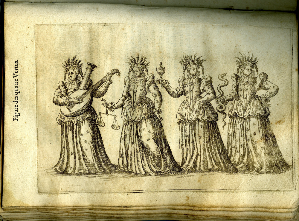 Gravure : les quatre vertus. Balet comique de la Royne, 1582. <br>© Médiathèque de Roanne.