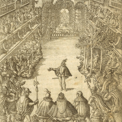 Gravure : frontispice salle des fêtes. Ballet de la Royne, 1582. <br>© Médiathèque de Roanne.