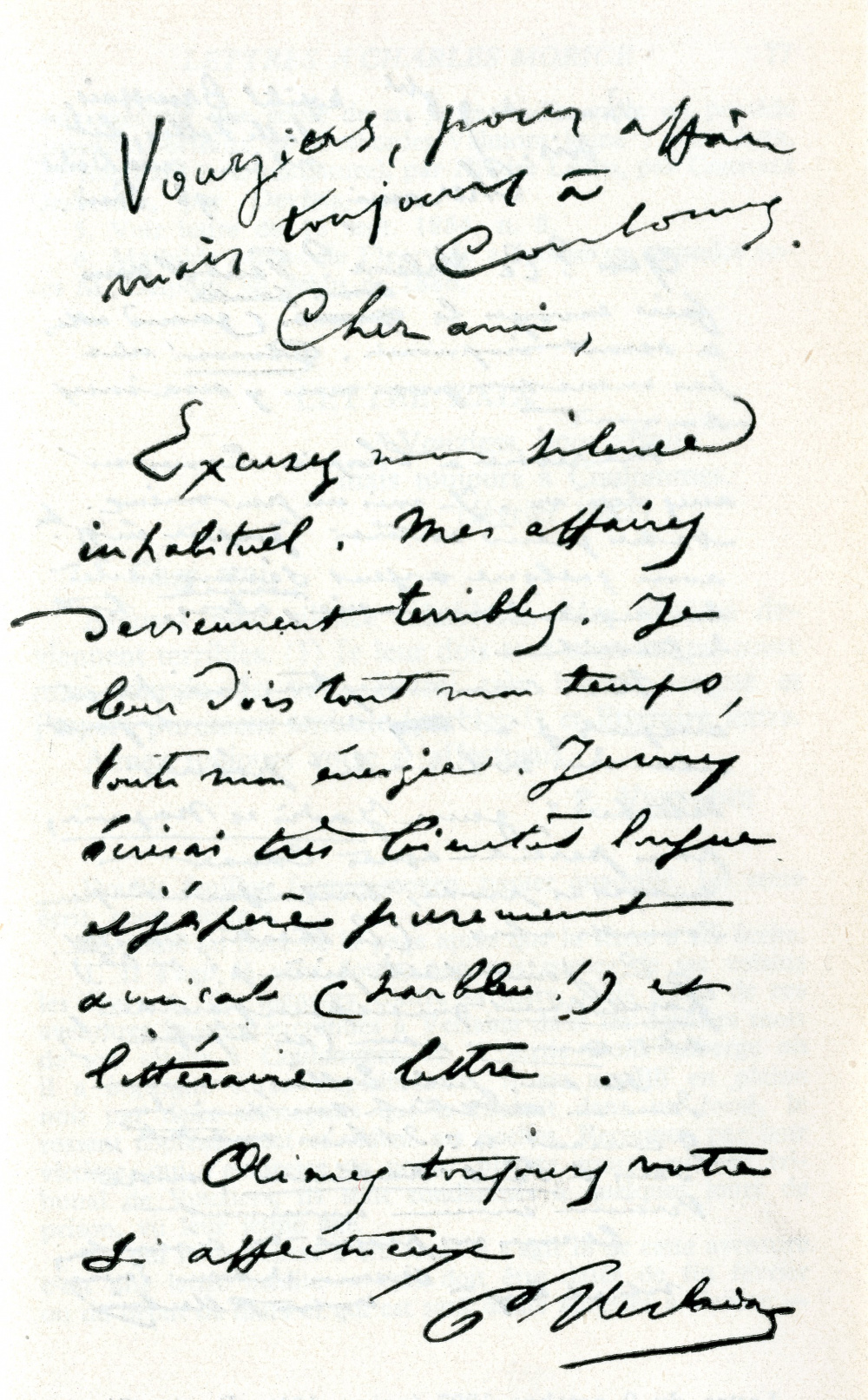 <p style="margin-bottom: 0cm" lang="zxx">Lettre manuscrite de Paul Verlaine à Charles Morice. Février
1885.</p><p style="margin-bottom: 0cm" lang="zxx">© Médiathèque de Tarentaize.<br></p>