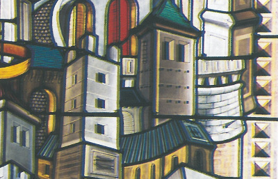 Détail d'un vitrail de Notre-Dame de Triors.<br>