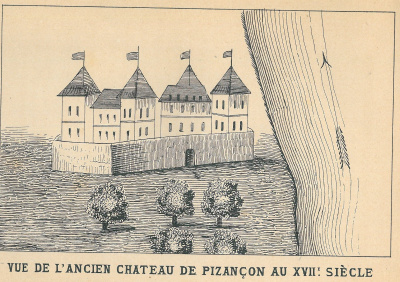 Gravure. Vue de l'ancien château de Pizançon au 17e siècle.<br>