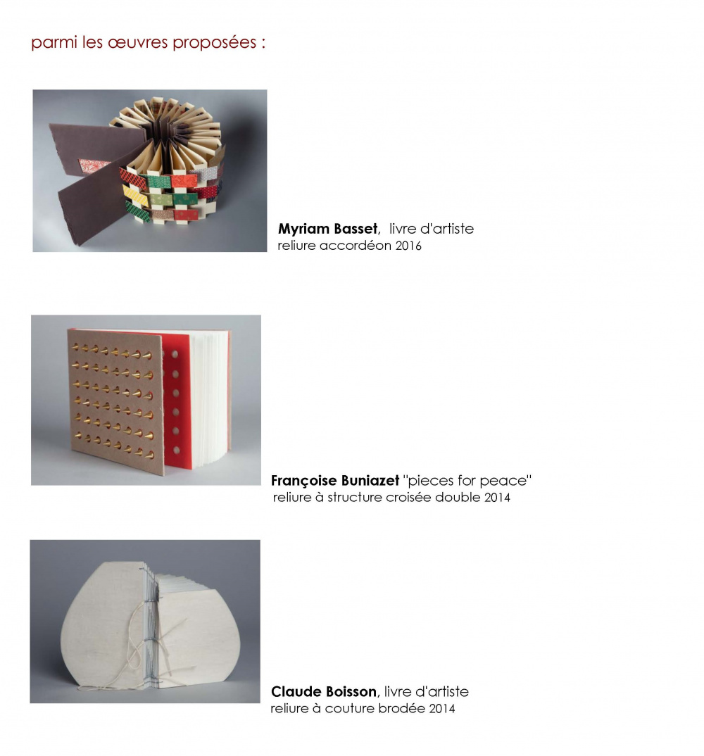 Visuel de trois livres reliés par Myriam Basset, Françoise Buniazet et Claude Boisson.<br>