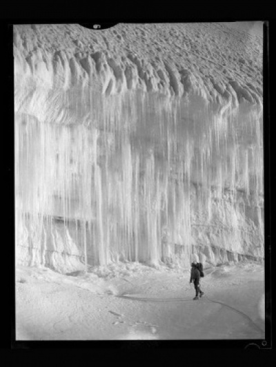 <small class="legende">Photographie en noir et blanc d'un glacier. © Archives municipales de Chamonix-Mont-Blanc, fonds Gay-Couttet.</small>