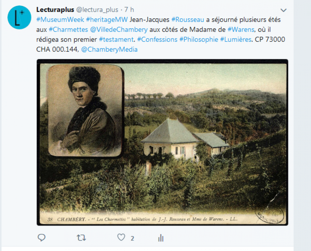 Capture d'écran, tweet de Lectura Plus, mercredi 25 avril 2018, #MuseumWeek #HeritageMW.