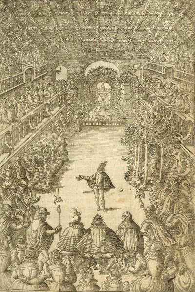 <span class="child">Gravure : frontispice salle des fêtes. Ballet de la Royne, 1582. © Médiathèque de Roanne.</span>