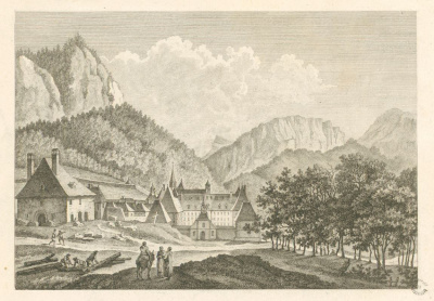 Vue du monastère de la Grande Chartreuse. Le May dessinateur, estampe, 1782. Bibliothèque municipale de Grenoble.<br>