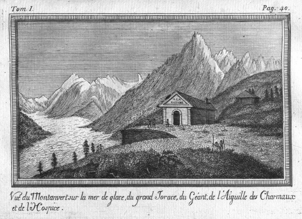 Vue du Montanvert sur la mer de glace, du grand Jorace, du Géant, de l'aiguille des Charmaux et de l'Hospice. Bibliothèque d'Annecy.<br>