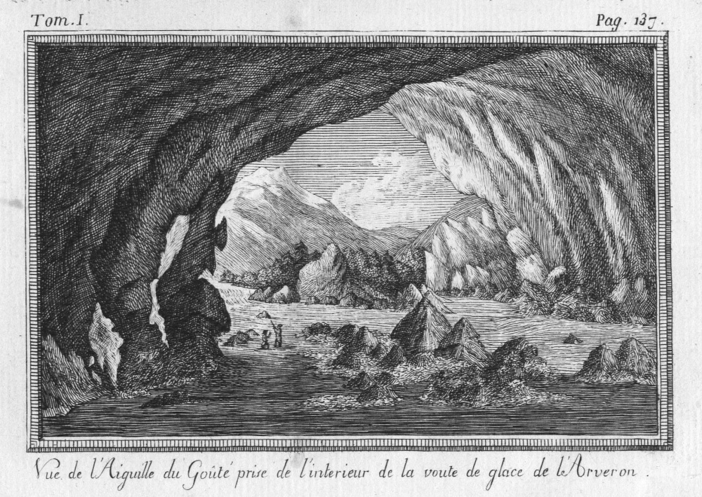 Vue de l'Aiguille du Goûter prise de l'intérieur de la voute de glace de l'Arveron. Bibliothèque d'Annecy.<br>